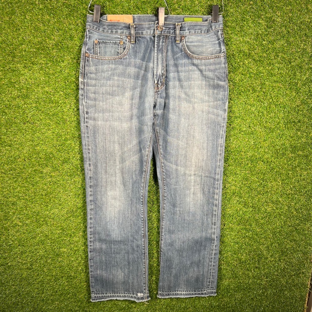 Gap 1969 Mens Straight Leg Jeans Blue Medium Wash Denim 32x30 Raw Hem